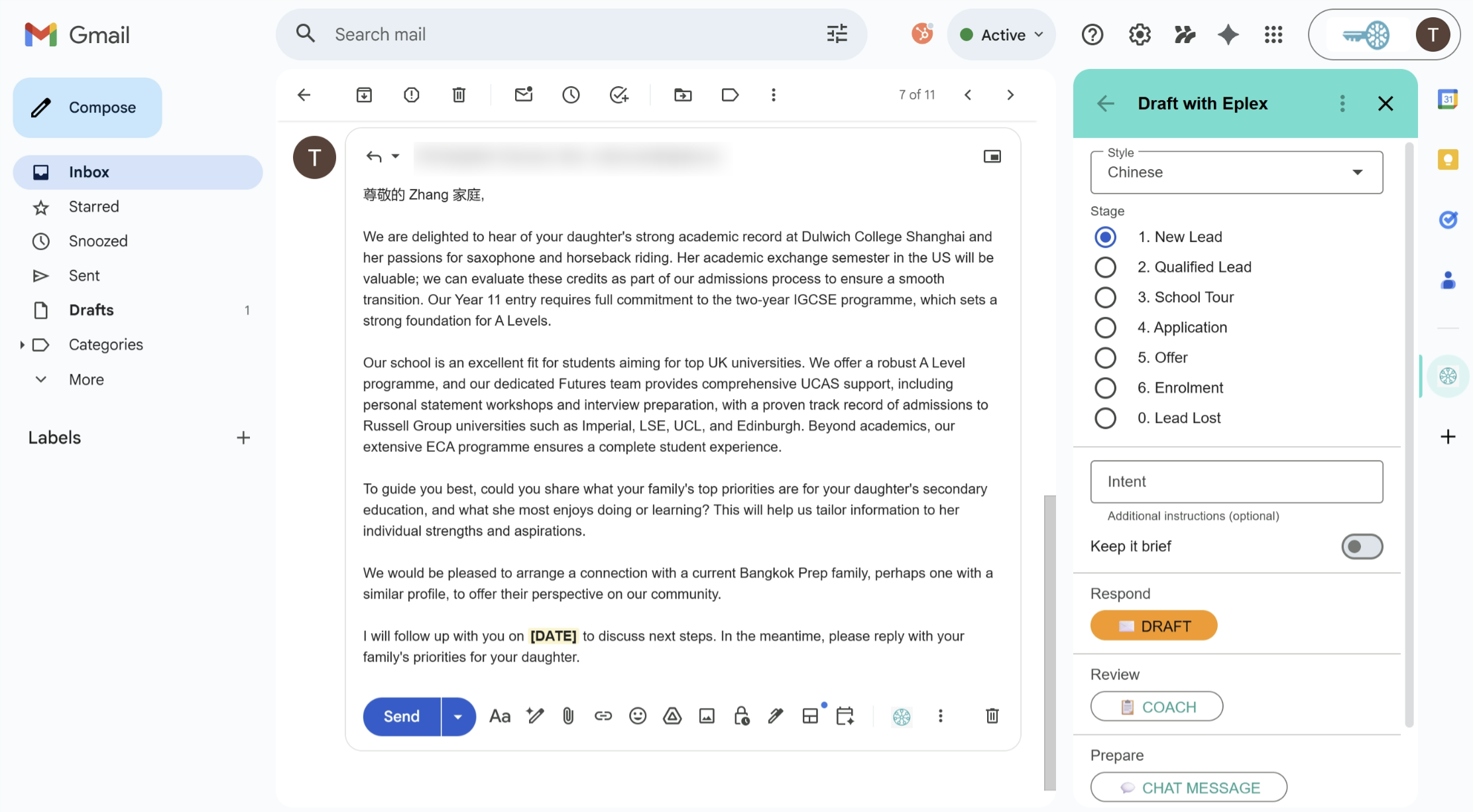 Eplex inside Gmail, drafting a reply for a Chinese family at the New Lead stage.