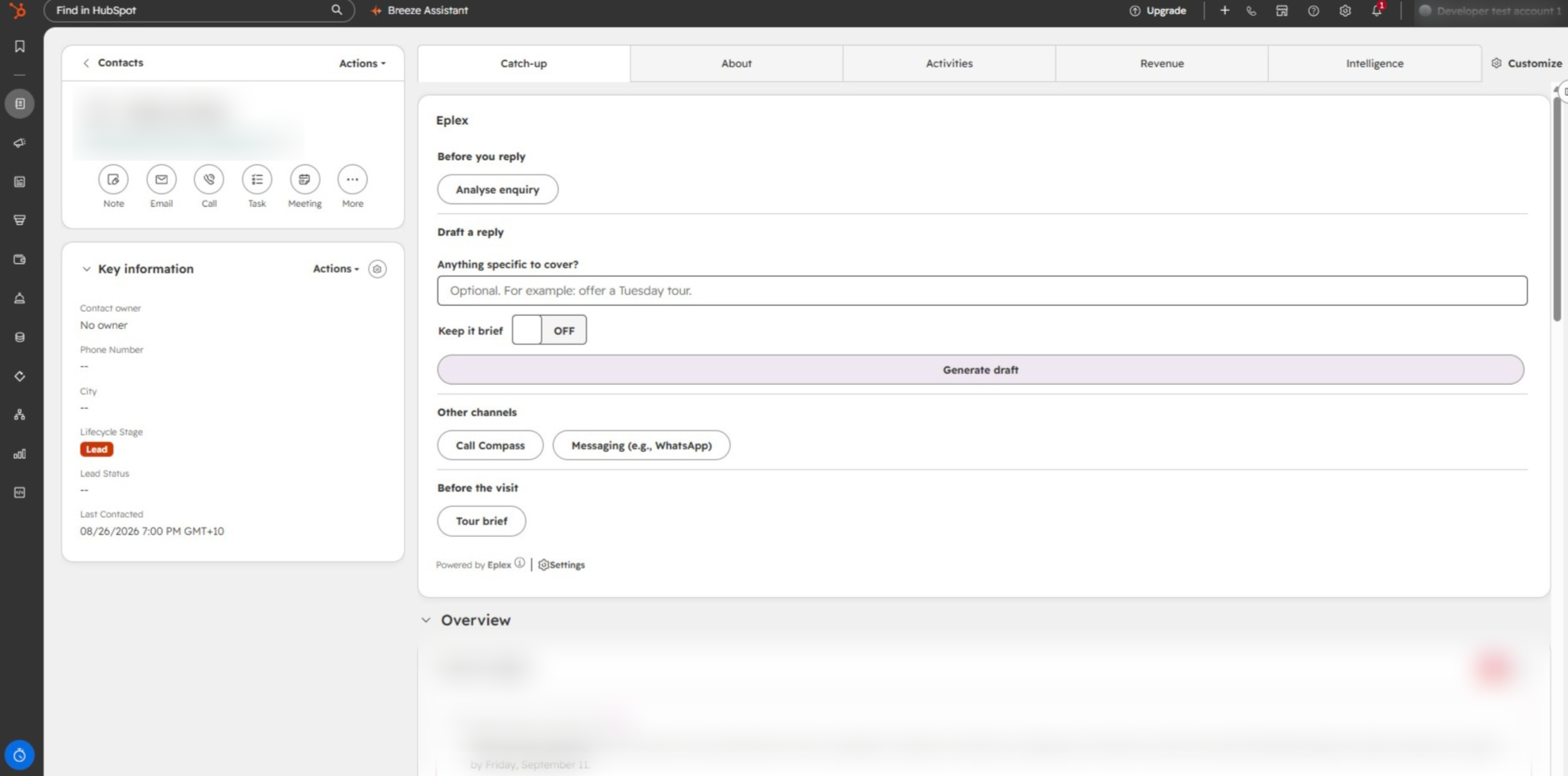 Eplex inside a HubSpot CRM contact record, with enquiry analysis, reply drafting, call guidance, messaging and tour briefs.