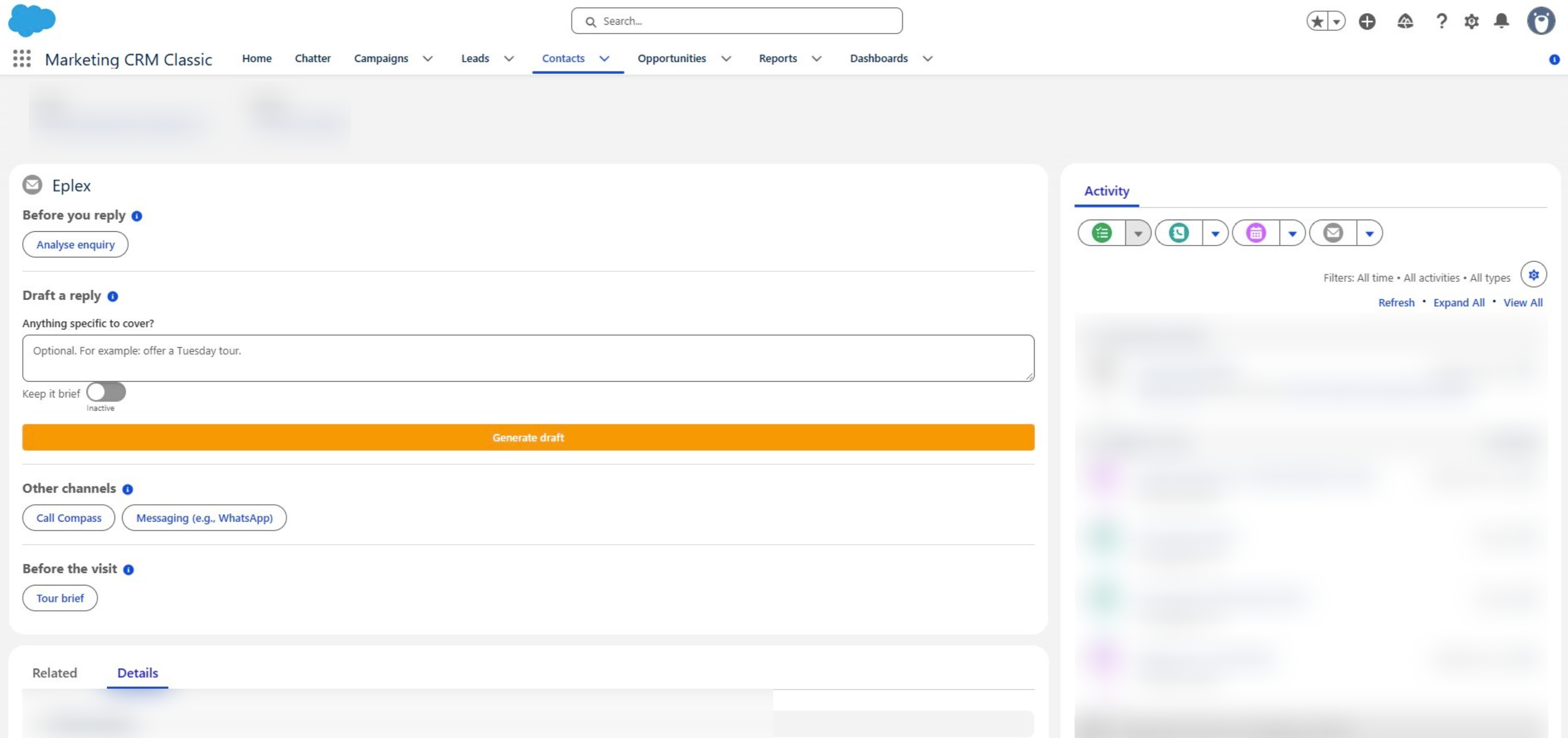 Eplex inside a Salesforce CRM contact record, with enquiry analysis, reply drafting, call guidance, messaging and tour briefs.